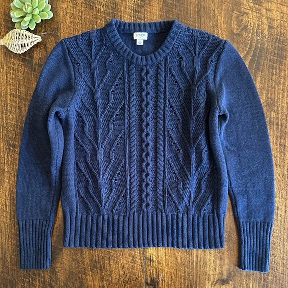 J. Crew Factory | Pointelle Cable Knit Wool Blend Sweater, Navy, Size M - Picture 2 of 8